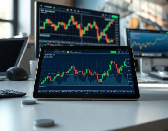 Digital tablet showing cryptocurrency price charts with candlesticks on a newsroom desk