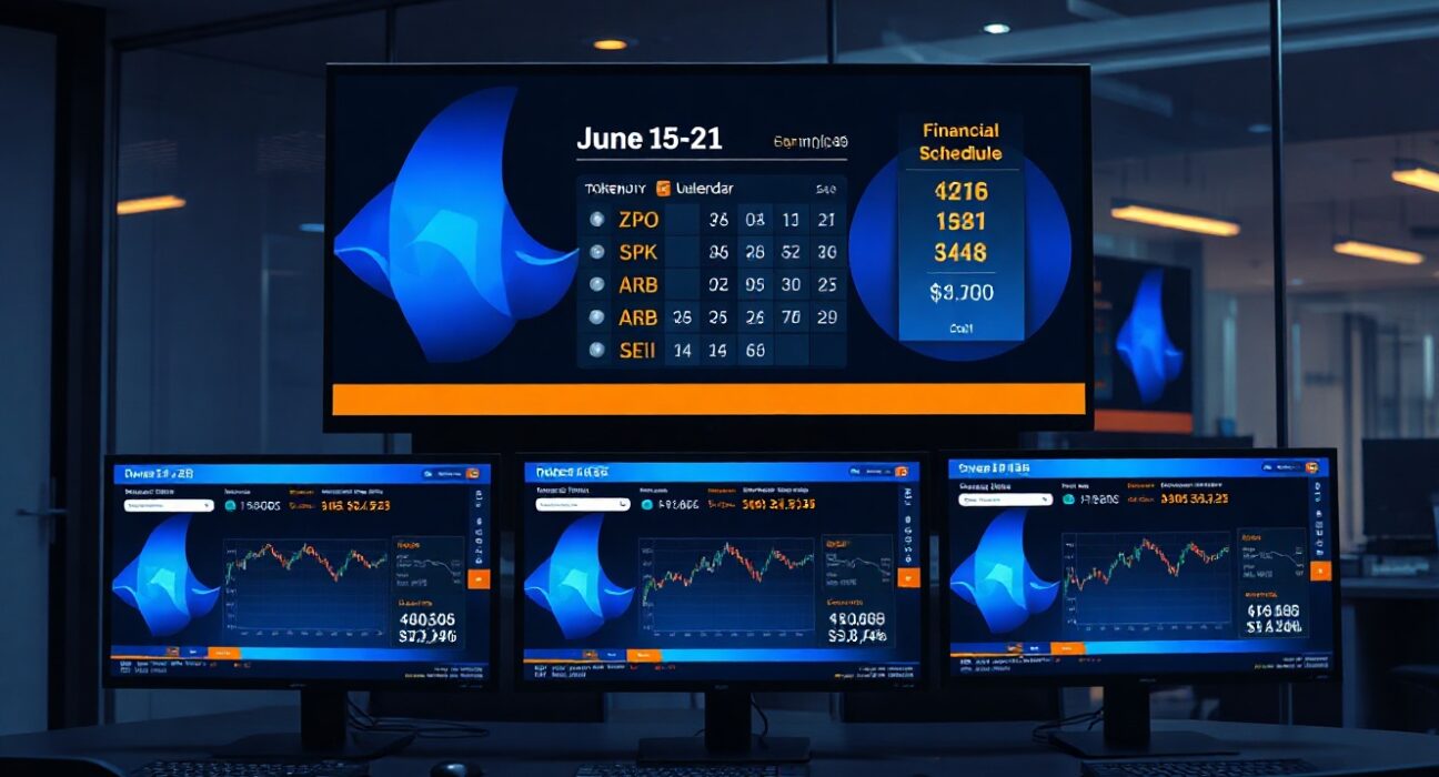 Financial news monitors displaying cryptocurrency token unlock calendar and market data for June 15-21