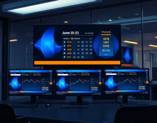 Financial news monitors displaying cryptocurrency token unlock calendar and market data for June 15-21