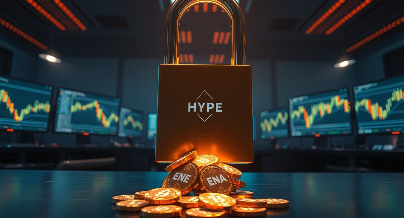 Digital lock opening with glowing cryptocurrency tokens spilling onto a trading desk, representing major token unlocks.