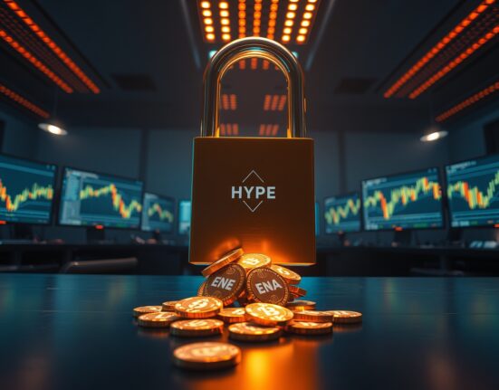 Digital lock opening with glowing cryptocurrency tokens spilling onto a trading desk, representing major token unlocks.