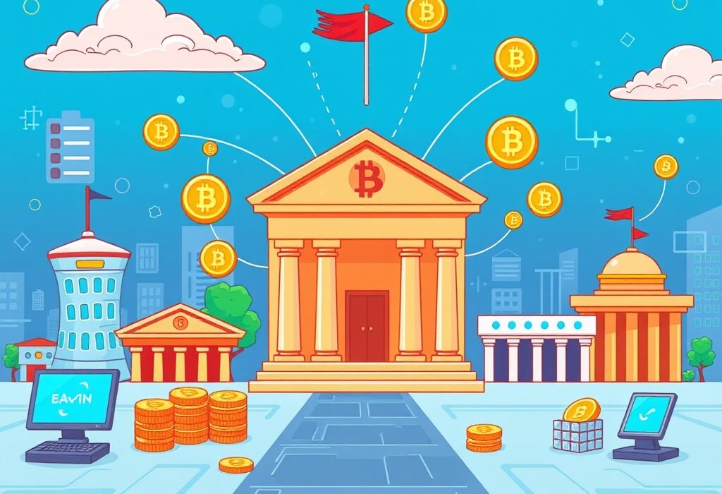 A cartoon illustration showing digital tokenization transforming payment systems, discussed by the Federal Reserve.