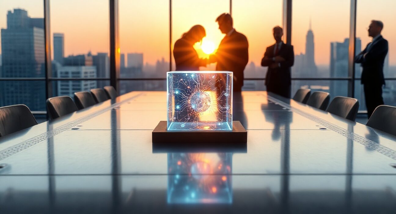 Glowing digital token on a conference table in a modern financial office