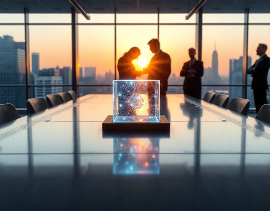 Glowing digital token on a conference table in a modern financial office
