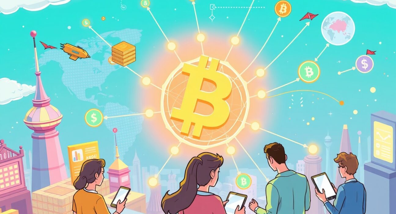 Cartoon illustration of digital finance infrastructure, highlighting the role of tokenization in transforming global investments.