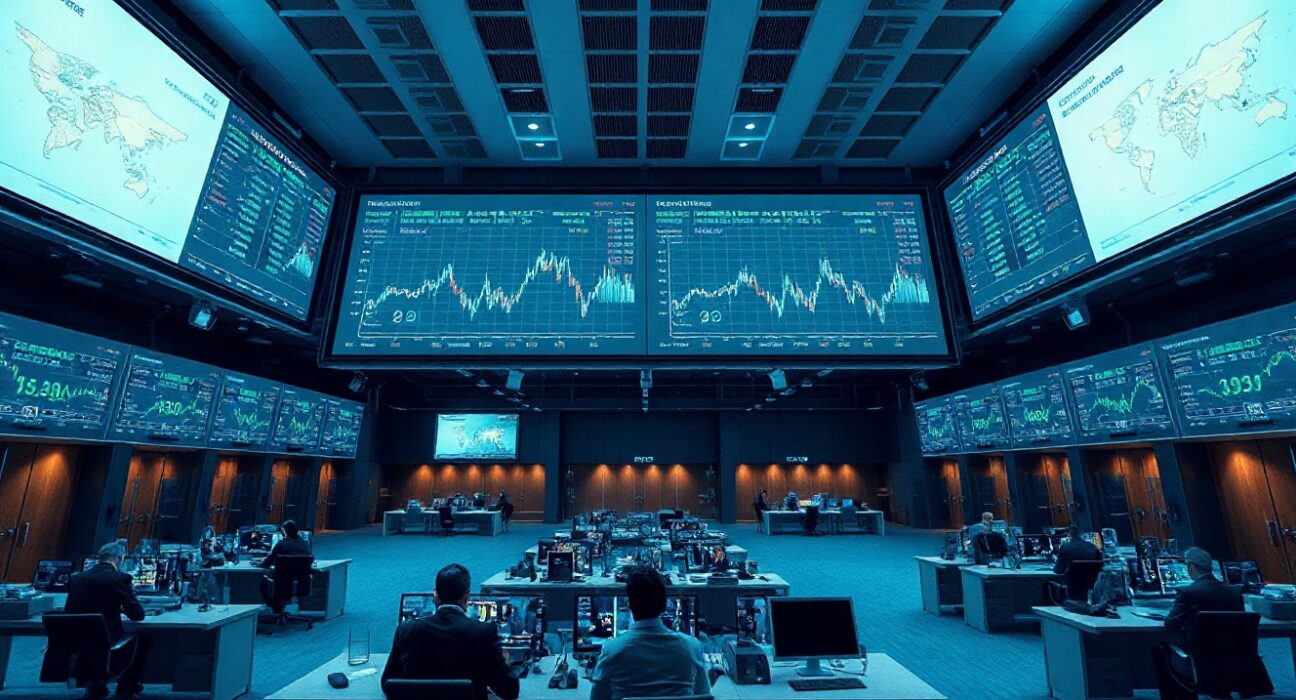 Modern trading floor with monitors showing blockchain and tokenization data