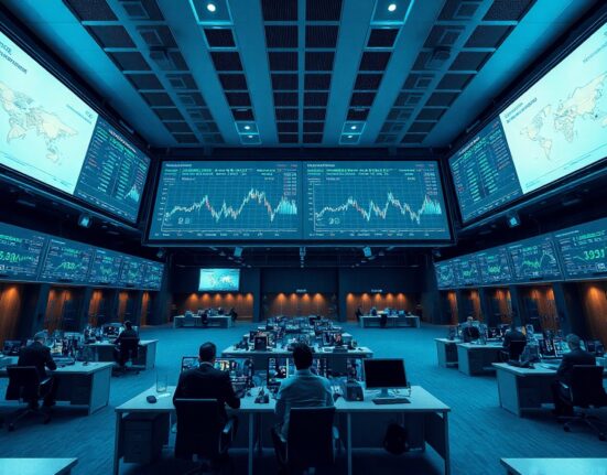Modern trading floor with monitors showing blockchain and tokenization data