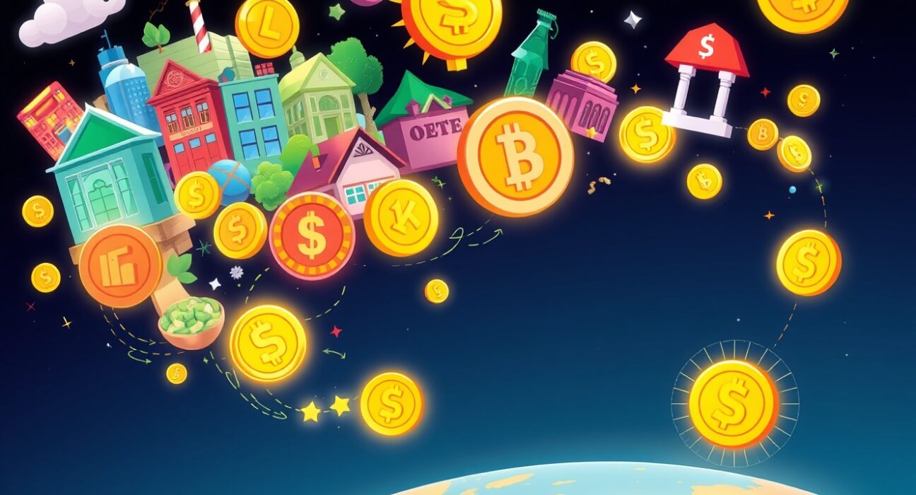 Cartoon illustration showing tokenization transforming real assets into digital tokens for instant global transfer.