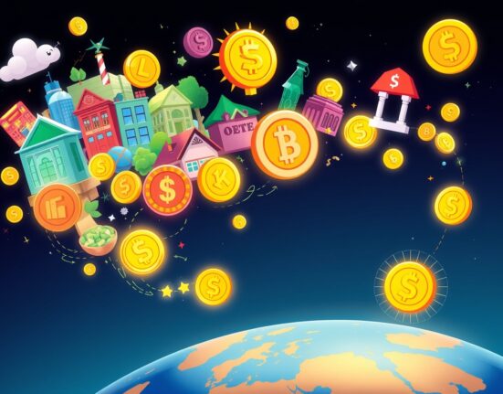 Cartoon illustration showing tokenization transforming real assets into digital tokens for instant global transfer.