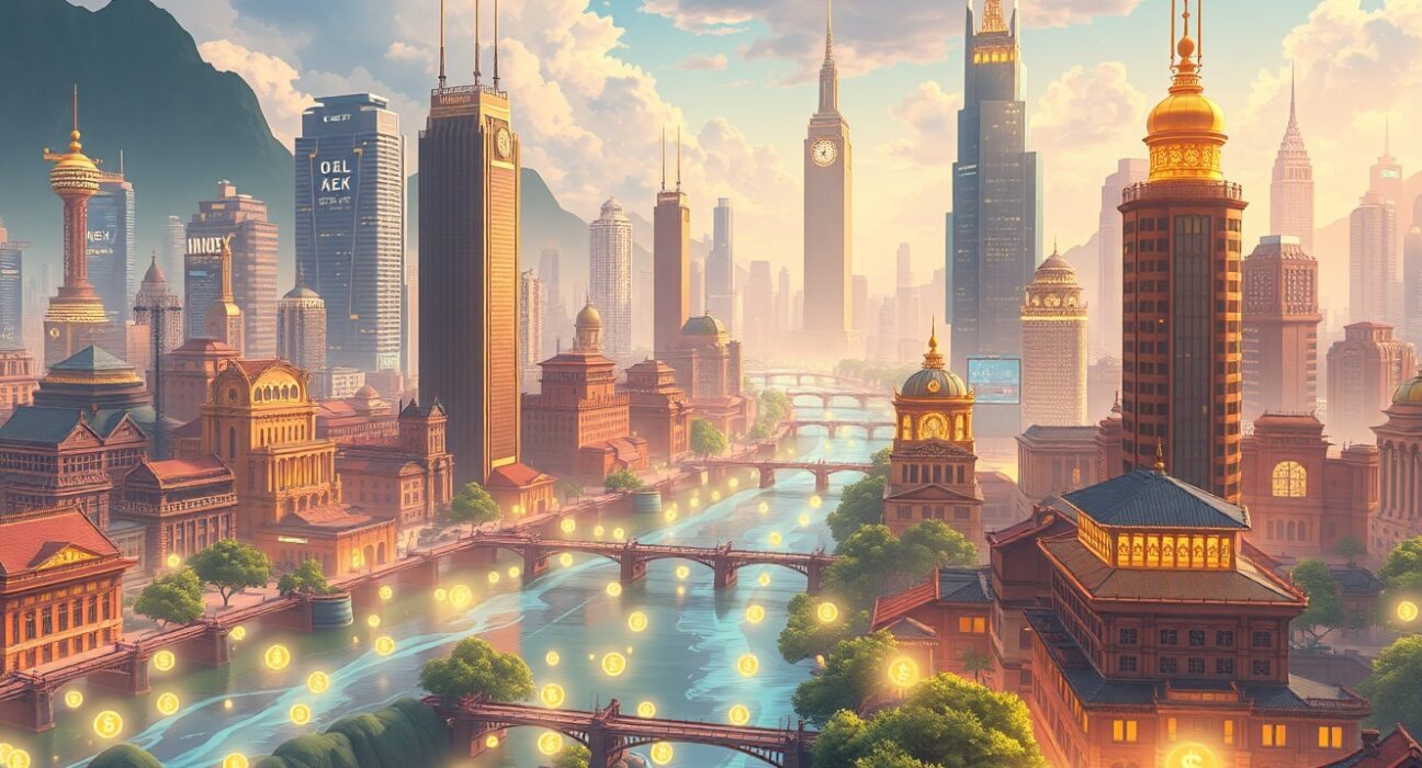 A Ghibli-style vision of a tokenization supercycle merging digital assets with traditional finance.