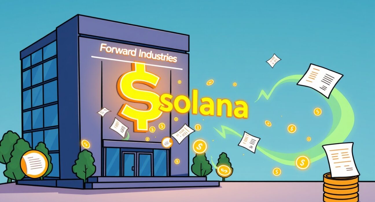 A cartoon illustration depicting a corporate building with digital assets flying towards a Solana blockchain logo, symbolizing Forward Industries' plan to tokenize shares.