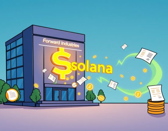 A cartoon illustration depicting a corporate building with digital assets flying towards a Solana blockchain logo, symbolizing Forward Industries' plan to tokenize shares.