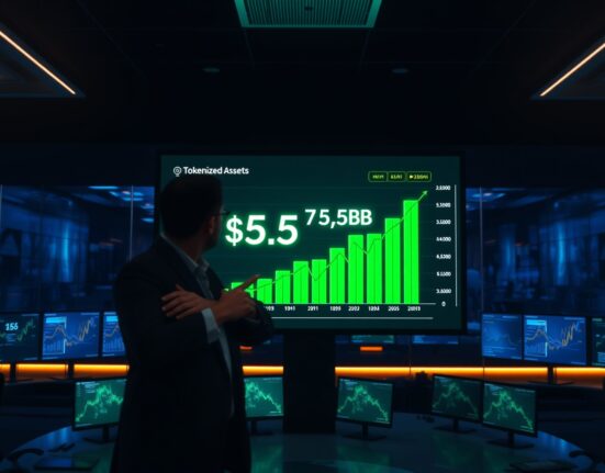 Financial dashboard showing tokenized asset market growth to $7.5 billion with upward trending chart