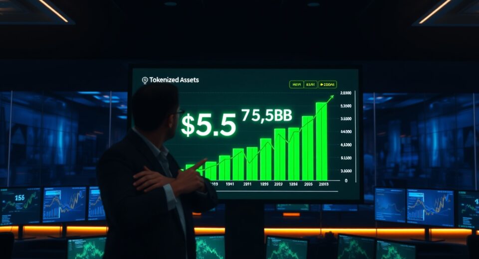 Financial dashboard showing tokenized asset market growth to $7.5 billion with upward trending chart