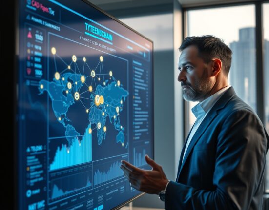 Financial analyst reviewing blockchain data on a large screen showing tokenized asset network visualization