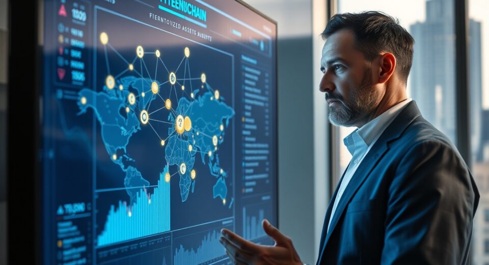 Financial analyst reviewing blockchain data on a large screen showing tokenized asset network visualization