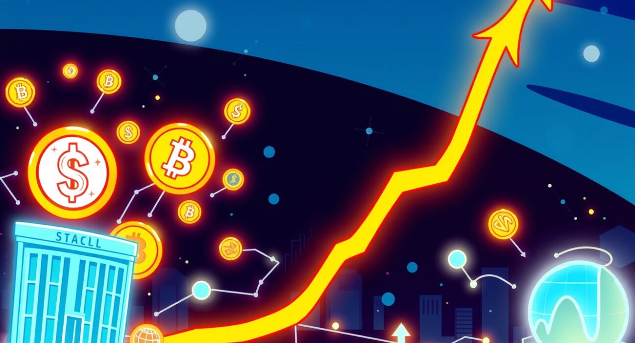 A cartoon illustration showing the rapid growth of the tokenized assets market, with digital tokens transforming into real-world assets.