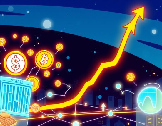 A cartoon illustration showing the rapid growth of the tokenized assets market, with digital tokens transforming into real-world assets.