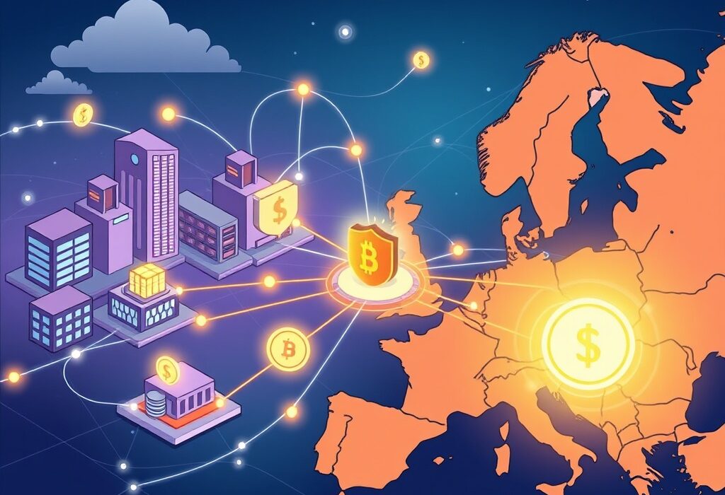 Cartoon showing a secure, efficient pan-European settlement platform for tokenized assets, streamlining digital finance across institutions.
