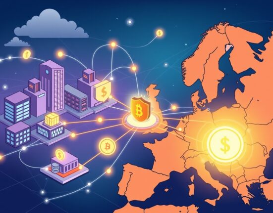 Cartoon showing a secure, efficient pan-European settlement platform for tokenized assets, streamlining digital finance across institutions.
