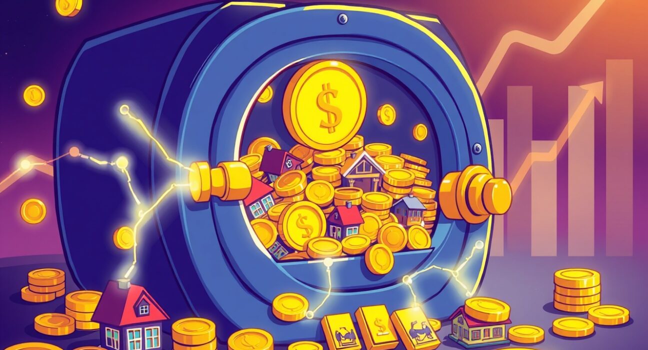 A cartoon illustration showing digital assets and real-world assets connected by blockchain, representing the booming tokenized assets market.