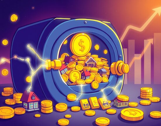 A cartoon illustration showing digital assets and real-world assets connected by blockchain, representing the booming tokenized assets market.