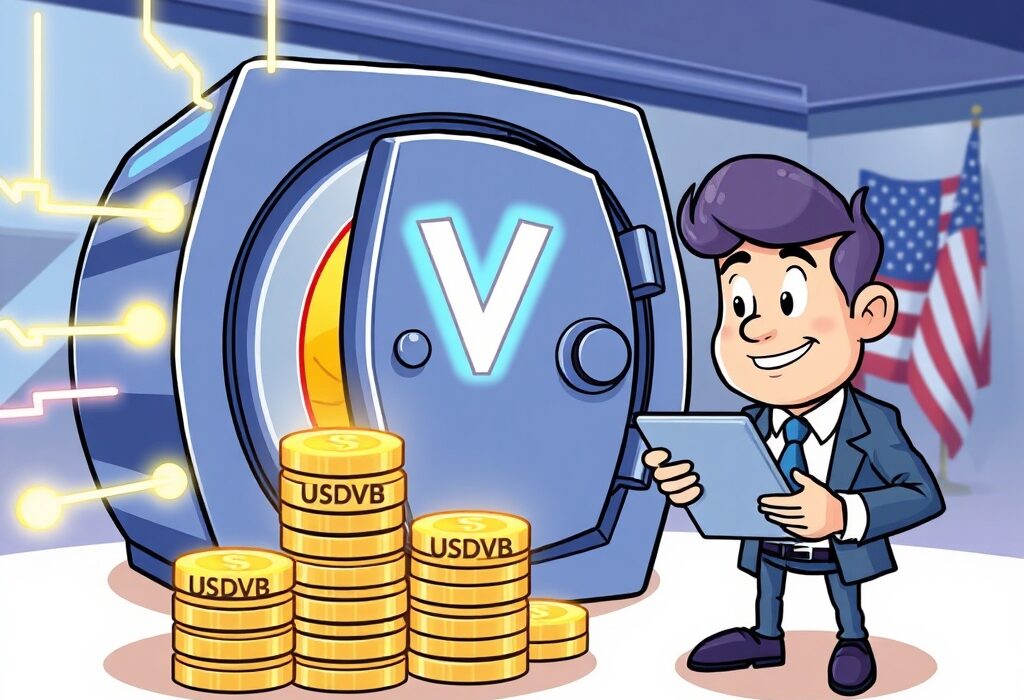 Cartoon illustration showing VersaBank USA's innovative tokenized deposits transforming traditional banking with enhanced security and efficiency.