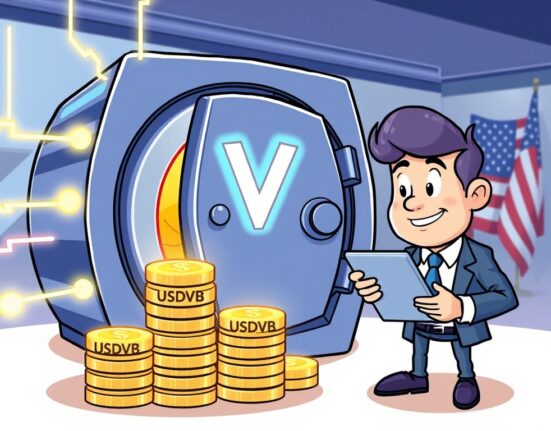 Cartoon illustration showing VersaBank USA's innovative tokenized deposits transforming traditional banking with enhanced security and efficiency.