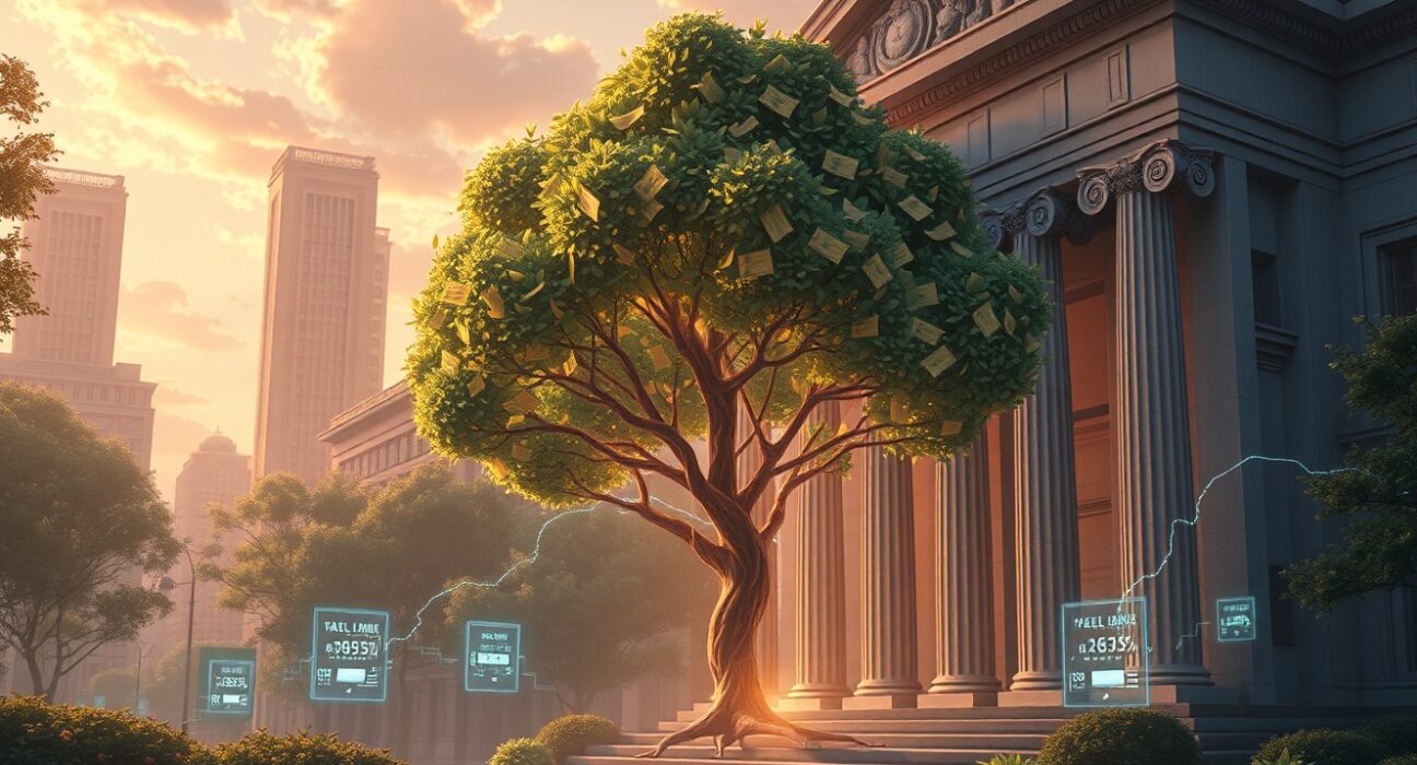 Tokenized equities market growth visualized as a digital tree growing from traditional finance architecture.