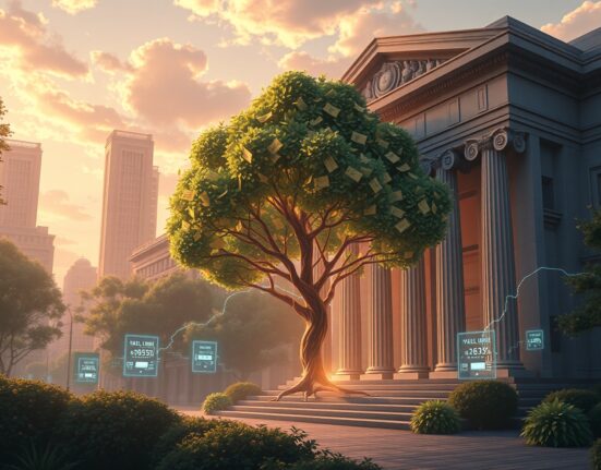 Tokenized equities market growth visualized as a digital tree growing from traditional finance architecture.