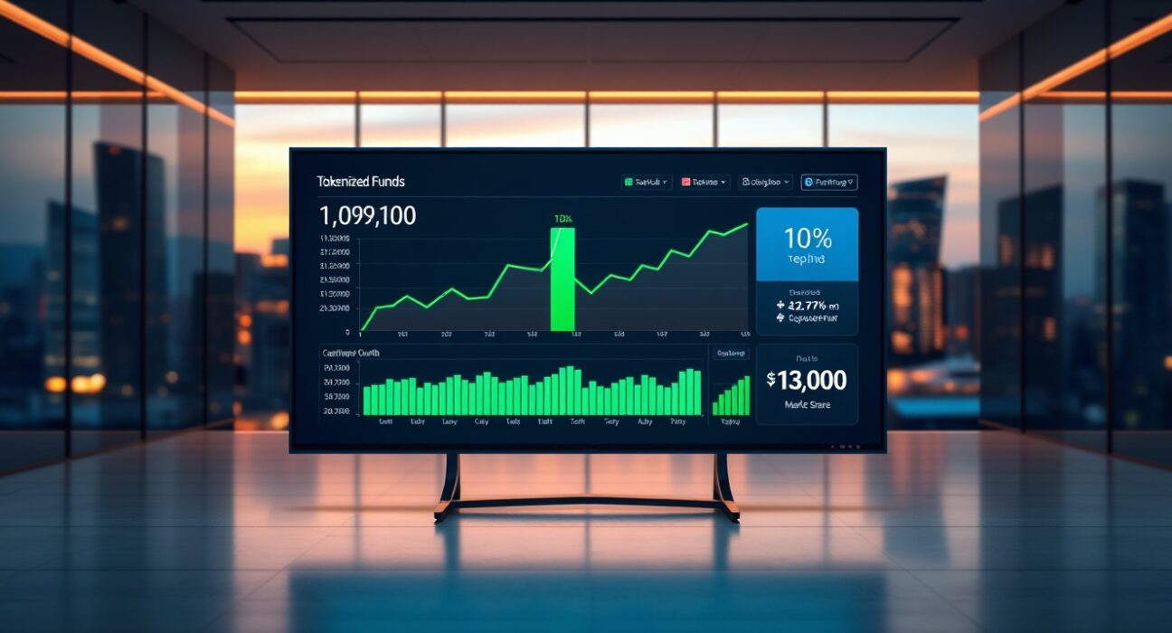 Tokenized funds market share growth chart on digital dashboard showing 10% of stablecoin market