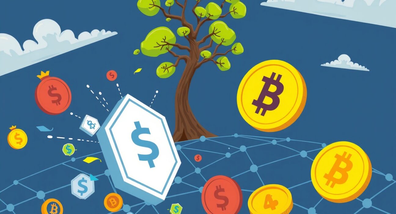 Cartoon illustration showing secure, compliant tokenized funds flowing onto a blockchain, symbolizing WisdomTree's innovation.