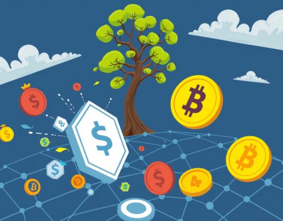 Cartoon illustration showing secure, compliant tokenized funds flowing onto a blockchain, symbolizing WisdomTree's innovation.