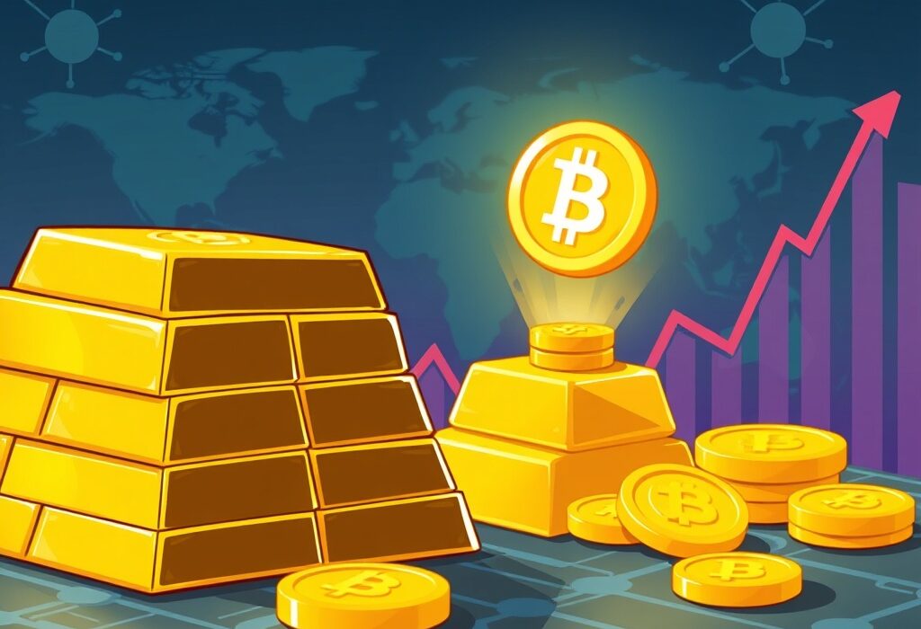 An illustration of tokenized gold assets on the Ethereum blockchain, symbolizing their impressive market cap growth.