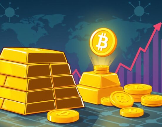 A cartoon illustration showing digital gold bars transforming into crypto tokens, representing the booming tokenized gold market.