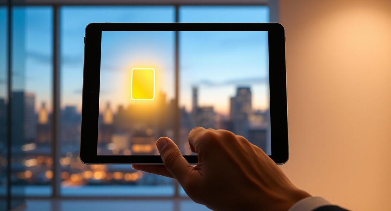 A digital tablet displaying a glowing golden bar icon, symbolizing tokenized gold.