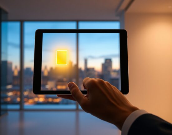 A digital tablet displaying a glowing golden bar icon, symbolizing tokenized gold.