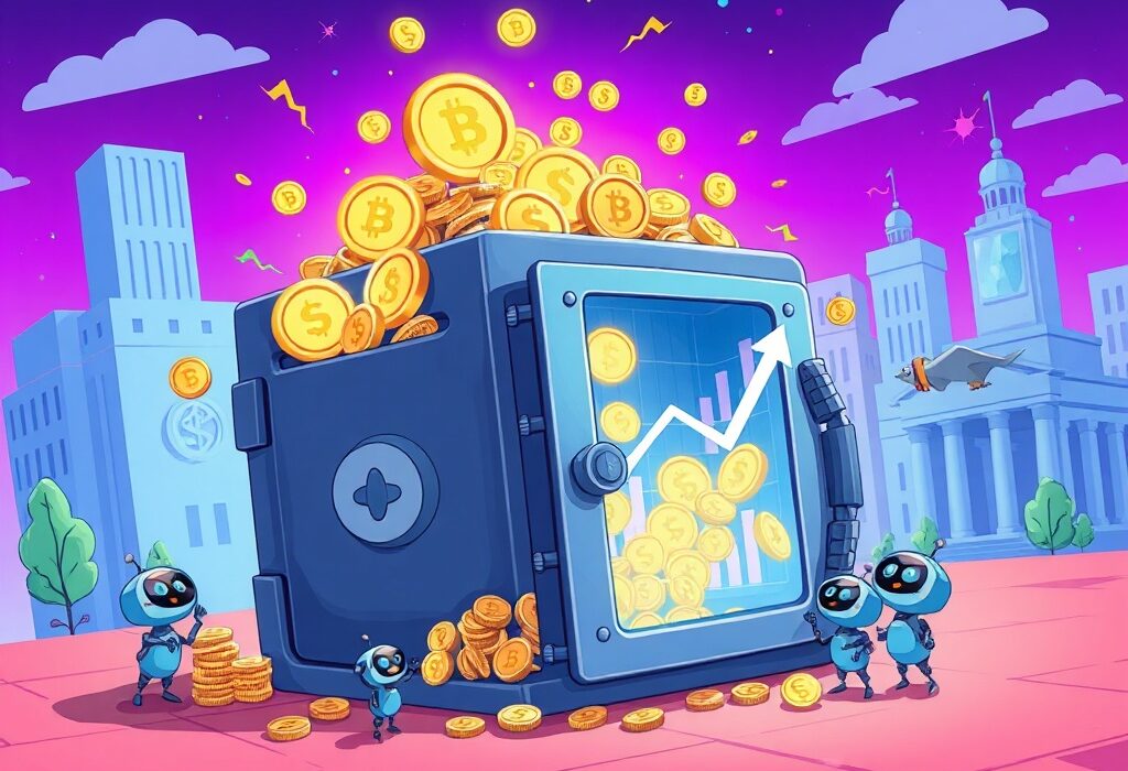 A vibrant cartoon illustrating the explosive growth of tokenized institutional funds, showing digital assets increasing rapidly within a secure financial environment.