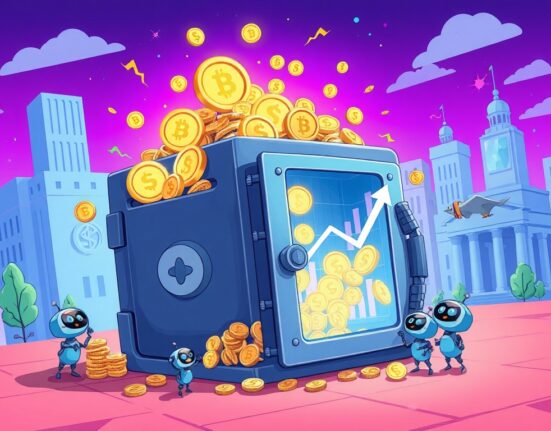 A vibrant cartoon illustrating the explosive growth of tokenized institutional funds, showing digital assets increasing rapidly within a secure financial environment.