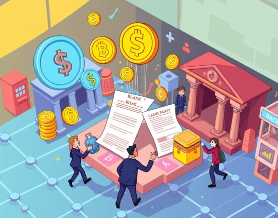 Illustration of a tokenized loan marketplace on Avalanche blockchain facilitating digital asset exchanges