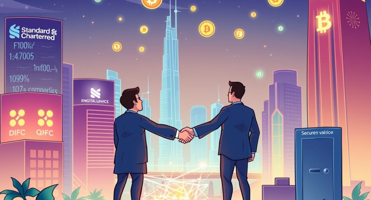 Illustration of Standard Chartered and QNB launching the first tokenized MMF in DIFC, symbolizing digital finance innovation.