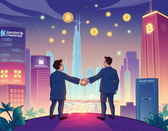 Illustration of Standard Chartered and QNB launching the first tokenized MMF in DIFC, symbolizing digital finance innovation.