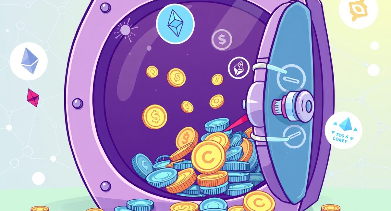 Cartoon showing digital assets entering a secure vault, symbolizing the innovation of a tokenized money market fund on blockchain.