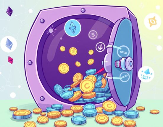 Cartoon showing digital assets entering a secure vault, symbolizing the innovation of a tokenized money market fund on blockchain.