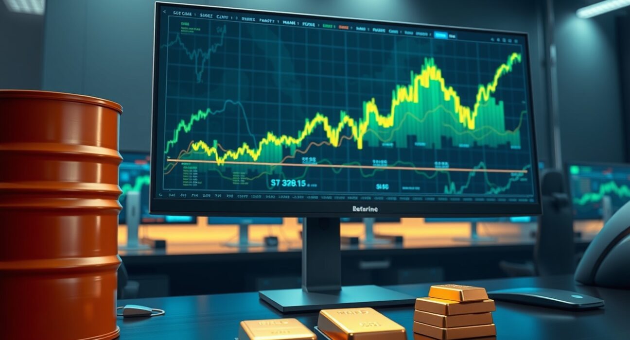 Trading desk monitor showing surging charts for tokenized perpetuals on crude oil and gold.