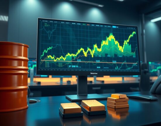 Trading desk monitor showing surging charts for tokenized perpetuals on crude oil and gold.