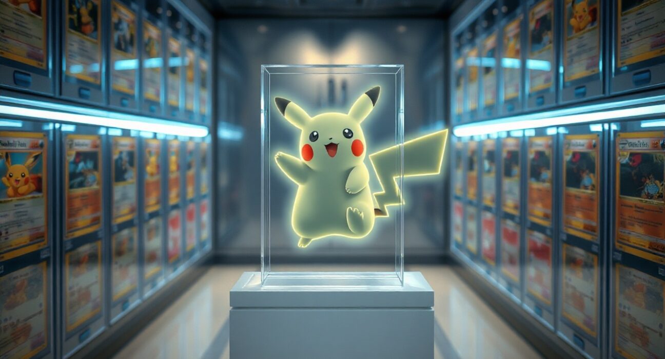 Vault interior with graded Pokémon cards and a holographic digital overlay representing tokenization.