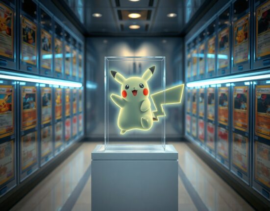 Vault interior with graded Pokémon cards and a holographic digital overlay representing tokenization.