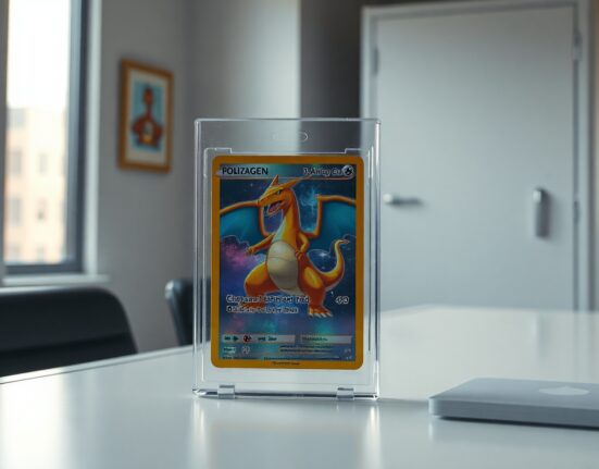 Rare holographic Pokémon card in a protective case on a desk, with a vault in the blurred background.