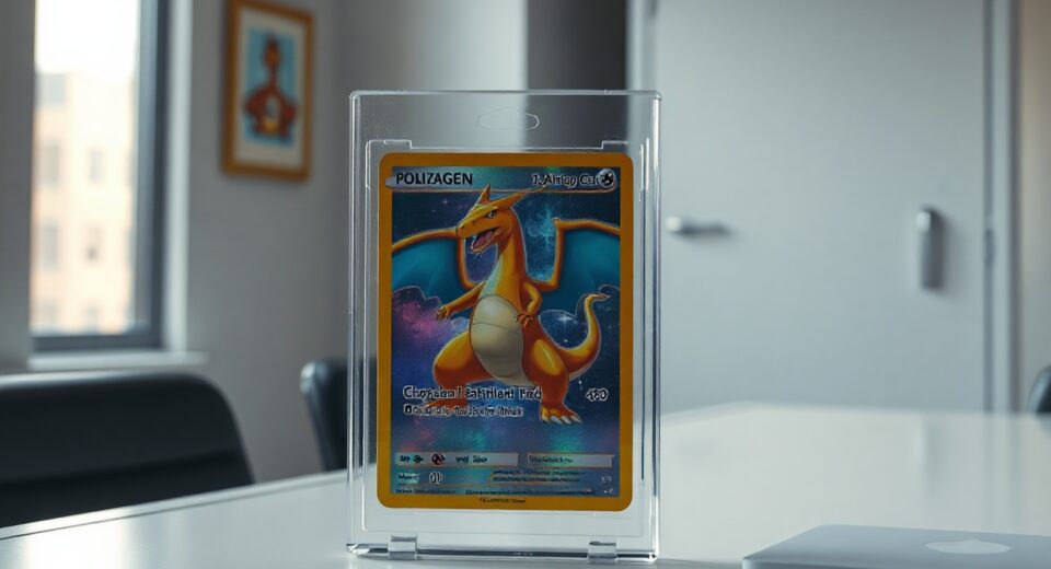 Rare holographic Pok&eacute;mon card in a protective case on a desk, with a vault in the blurred background.